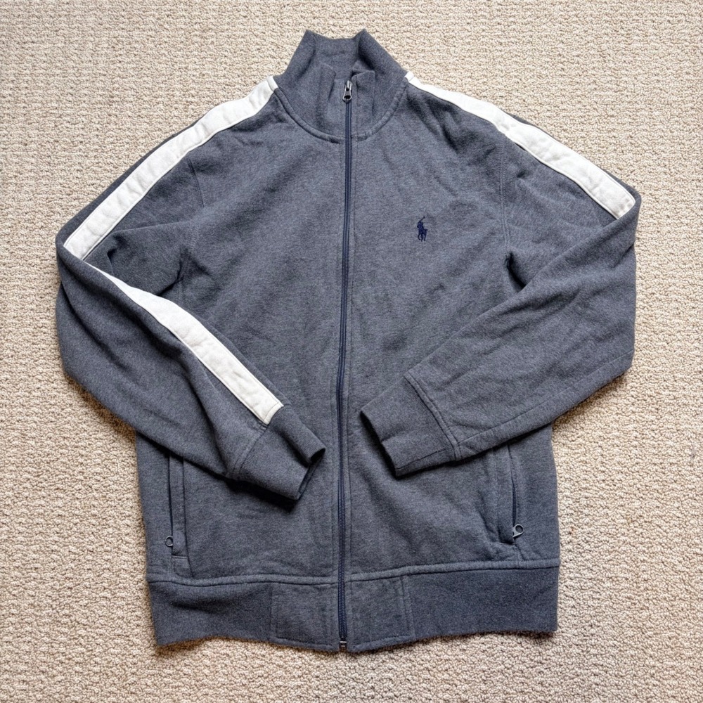Polo Ralph Lauren Y2K Gray Track Jacket Side Stripe Full Zip Fleece Medium - Picture 1 of 4